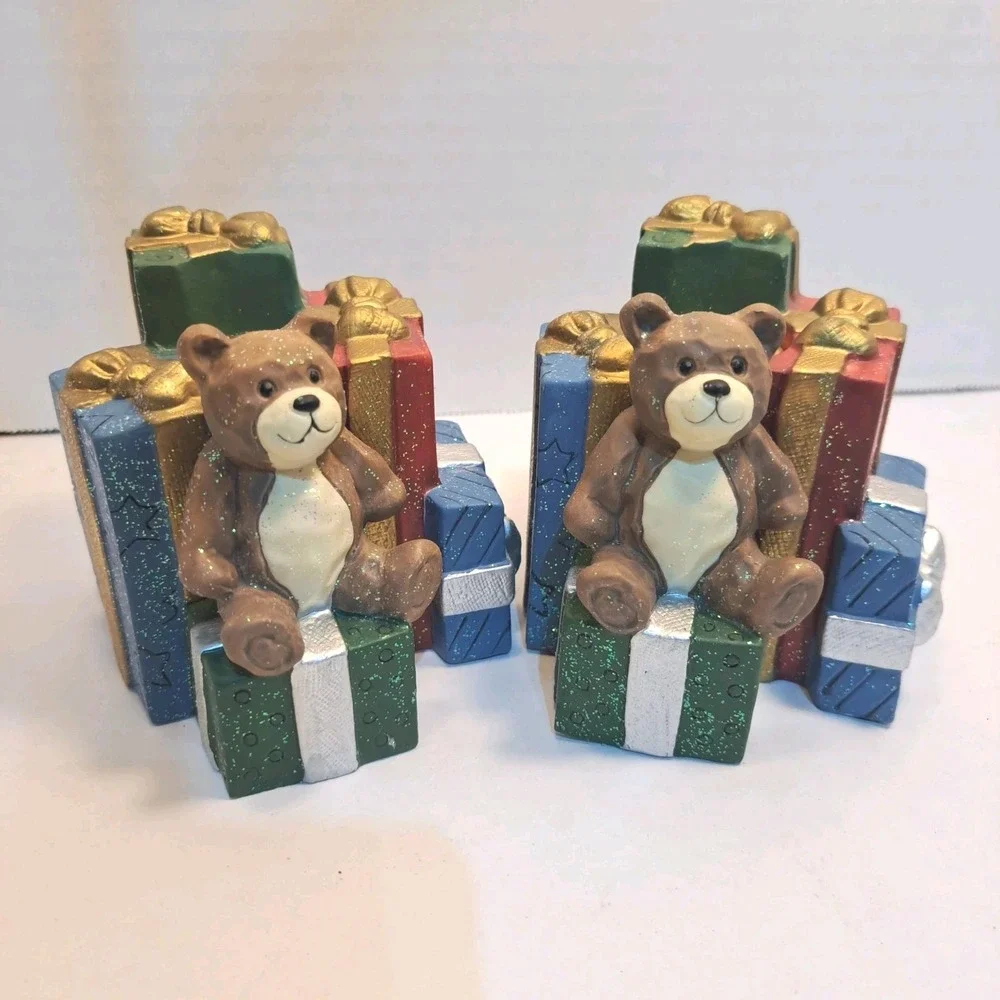Vintage Christmas Present Teddy Bears Tapered Candle Holders Set of 2
